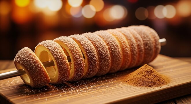 A delightful, freshly baked traditional Hungarian chimney cake, coated in cinnamon sugar and served on a wooden board with a pile of cinnamon