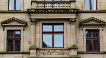 Obraz premium Refined Stone Facade with Central Window Framed by Paired Columns, Small Balustrade Balcony, and Carved Panel, Surrounded by Symmetrical Sash Windows, Expressing the Calm Order and Classical Grace of 