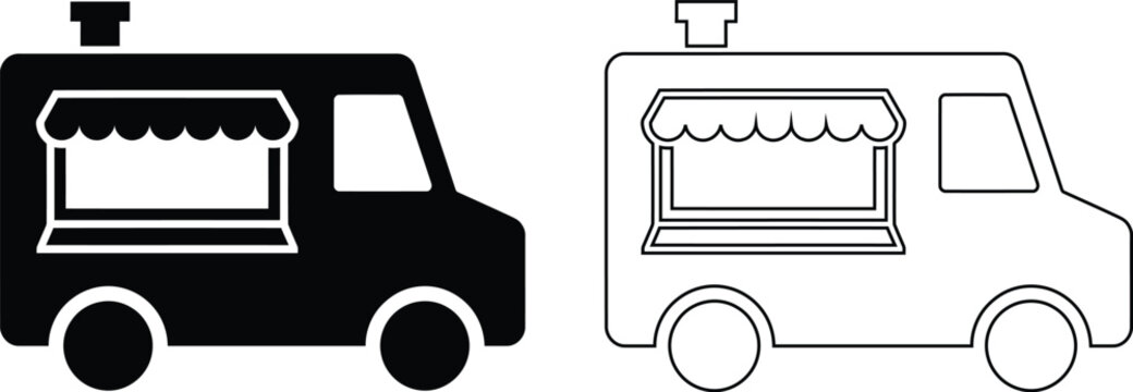 Minimalist flat vector icon set featuring a mobile street food truck vendor van with an awning in solid black silhouette and linear outline styles isolated on a white background.