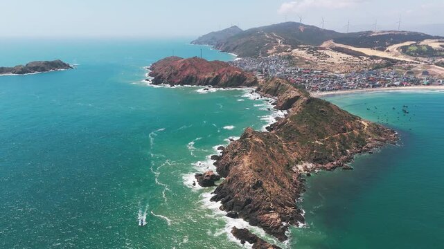 Cinematic Aerial Drone Eo Gio Rocky Headland Turquoise Water Waves Quy Nhon Vietnam