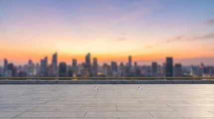 Fototapeta premium Panoramic view of a modern city skyline at sunset with a calm body of water in the foreground.