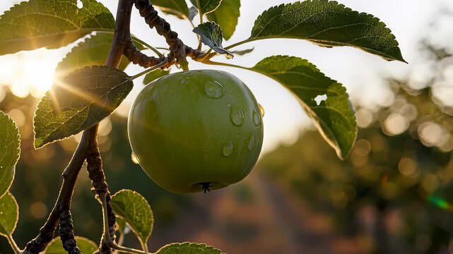 Green apple hangs on tree branch with dew drops present. Sun shines through leaves creating warm illumination. Setting is an orchard during morning