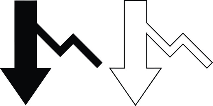 Vector icon set of a downward falling arrow graph chart in solid black silhouette and line outline isolated on white for business decline, financial loss, and economic crisis market crash.