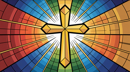 Naklejka premium A vibrant stained glass window depicting a radiant cross in a kaleidoscope of colors
