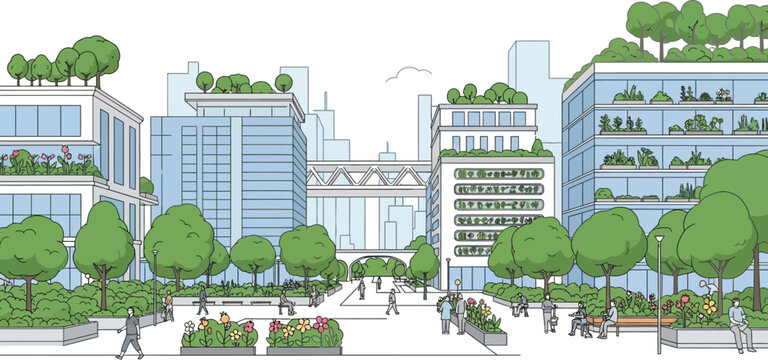 Modern urban buildings with rooftop gardens and lush greenery create a sustainable cityscape for people walking through the peaceful park