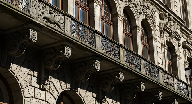 Sunlit Historic Stone Facade with Heavy Corbel Brackets, Arched Windows, and Delicate Wrought Iron Balcony Railings, Showcasing the Rich Texture, Shadow, and Craftsmanship of Classic 19th Century Euro