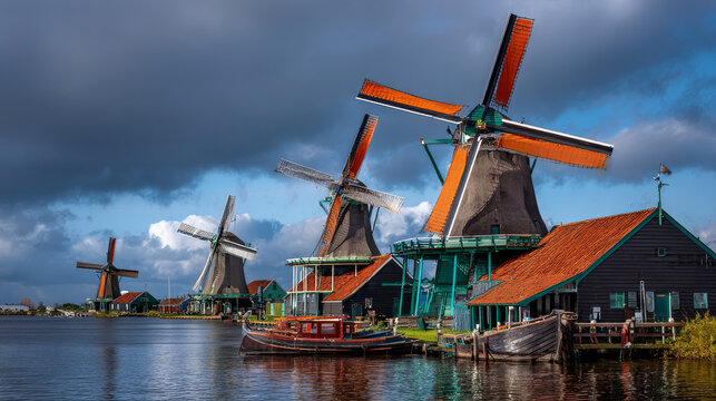 Authentic Zaandam mills on the water channel in Zaanstad village. Zaanse Schans Windmills and famous Netherlands canals, Europe.