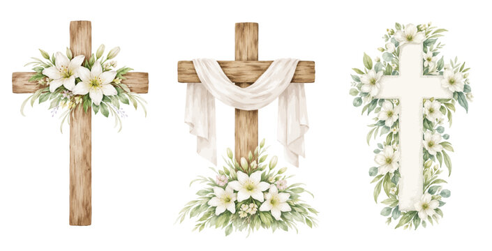 A set of Christian crosses made of green leaves and white lily flowers. Watercolor illustration for Easter, Epiphany, Christening, invitations, postcards, packaging.