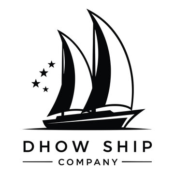 Monochrome logo of sailing dhow ship with stars and company name icon