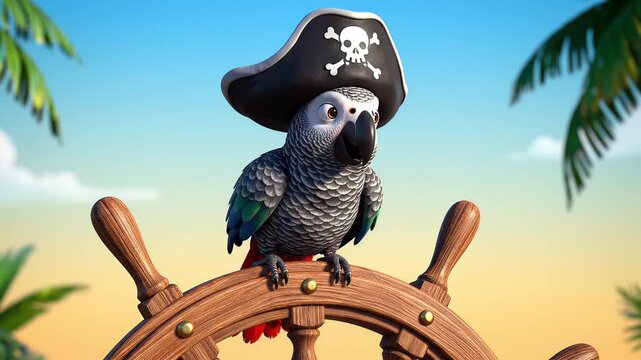 Cute Parrot Pirate Captain Sitting On Ship Wheel With Skull Hat.