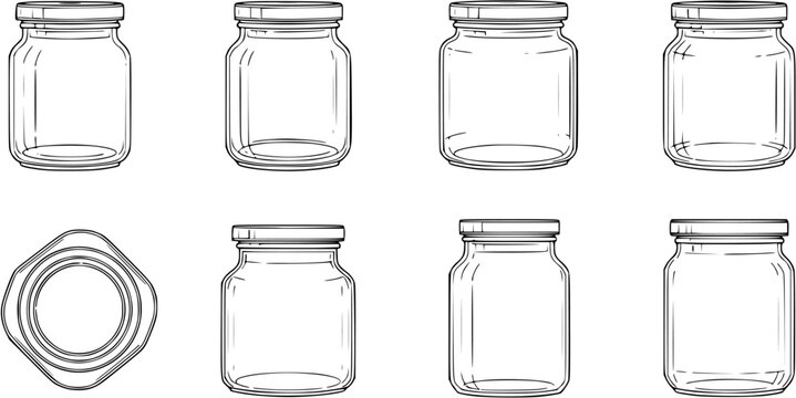 Food and Home Packaging Industry Empty Glass Jars and Containers Collection, Black and White Line Art Style Vector Illustration