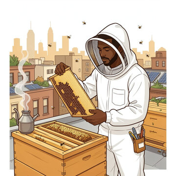 Urban Beekeeper Inspecting Honeycomb Frame on Rooftop Langstroth Hive