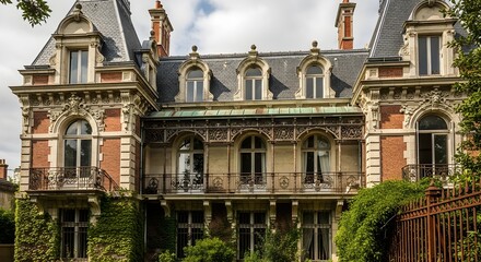 Fototapeta premium Grand Historic Mansion with Ornate Facade, Tall Slate Roofs, and Large Arched Windows, Surrounded by Lush Greenery and Iron Fencing, Evoking Elegant Old World Architecture and the Romantic Charm of a 