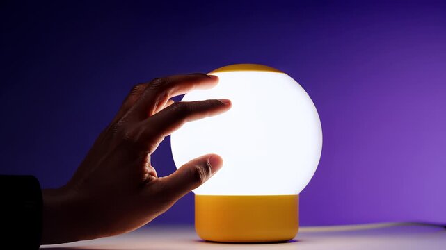 Hand reaches for round lamp to change brightness. The lamp sits on a clean surface with purple background. Concept of home decor, lighting design, interior design
