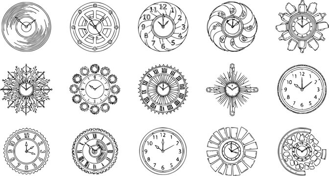Black and White Line Art Collection of Diverse Clock Designs Vector