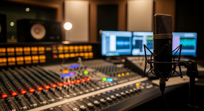 Professional audio recording studio with mixing console microphone and monitors.