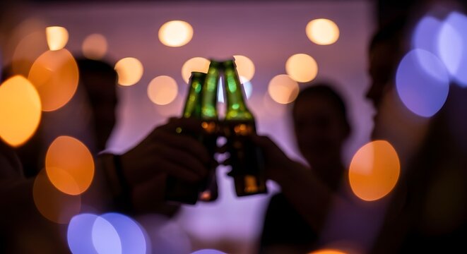 Toasting green glass bottles during festive evening celebration with colorful bokeh.