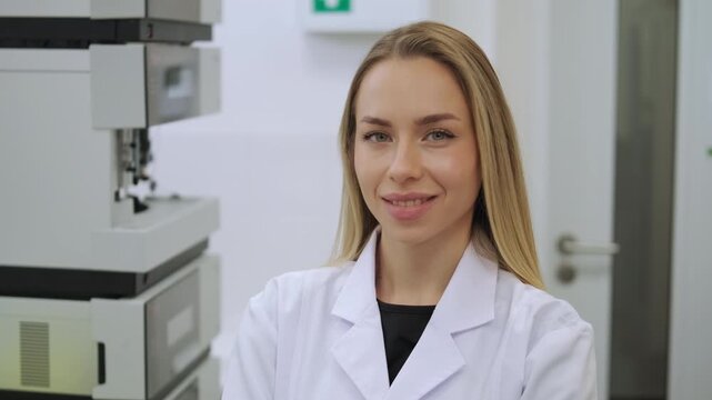 Portrait of laboratory worker or reseacher in analytical laboratory. 