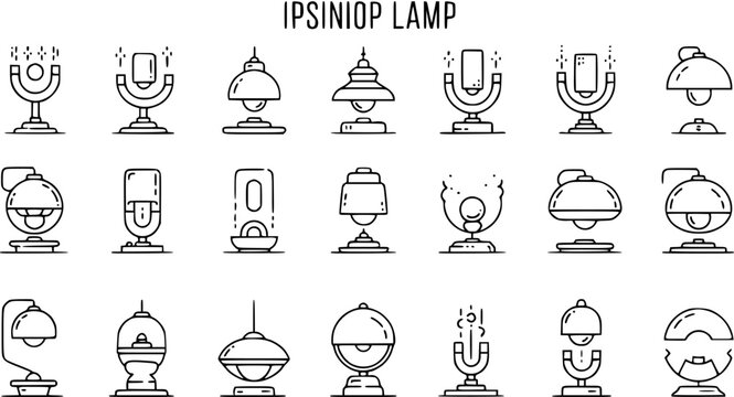 Black and white line art icons set of 49 different table and desk lamps, modern and classic designs