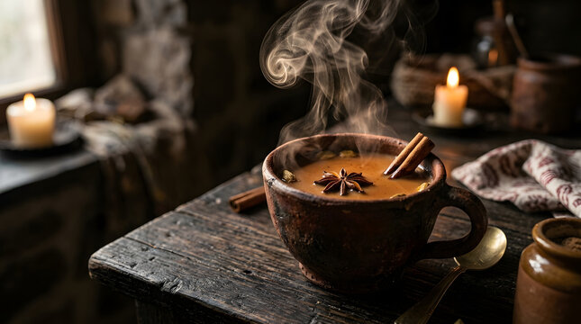 Cozy aromatic spiced chai tea in a rustic mug, with steam rising, lit by candlelight, evoking warmth and comfort