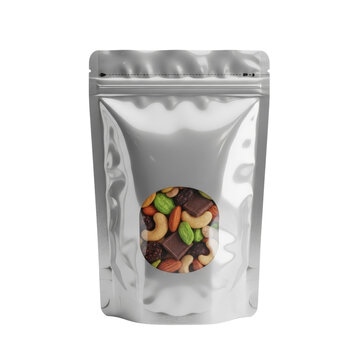 Silver pouch with a clear window showing nuts and chocolate