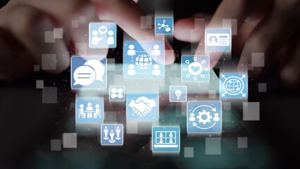 People networking and digital community with teamwork, partnership, collaboration and connection...