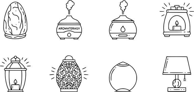 Aromatherapy and Home Decor Outline Icons Set. Wellness Diffusers, Lamps, and Decorative Lighting Elements in Black  White Line Art Style.
