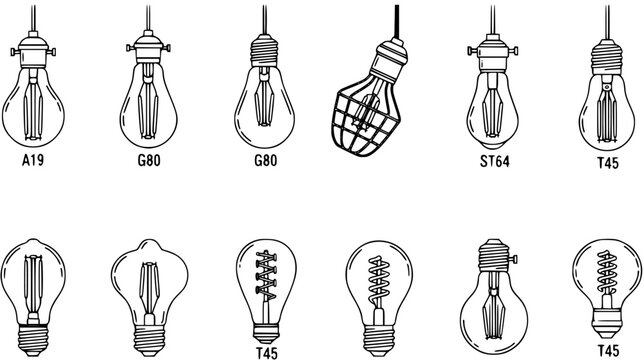 Lighting  Home Decor Line Art: Vintage Edison Light Bulbs Vector Set. Classic filament lamps for electrical and interior design projects.