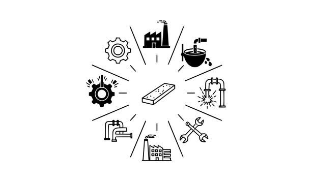 Industrial metal process icons in circular layout with factory welding gear furnace and steel elements vector set