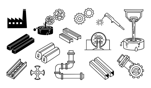 Minimal metal industry process icons with factory gear welding furnace and steel pipeline symbols vector