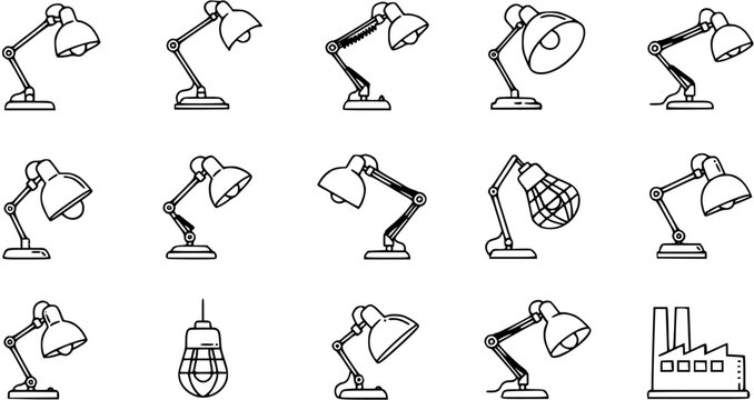 Black  White Line Art Desk Lamps and Lighting Fixtures Icons for Office, Study, and Industrial Design