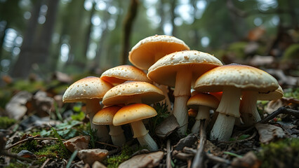 Fototapeta premium Wild Edible Mushrooms Foraging: Hand Picking Organic Fungi in Lush Forest. Autumn Mushroom Hunting, Sustainable Nature Discovery.