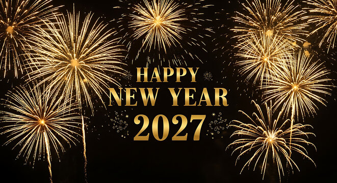 Golden fireworks exploding in the night sky with happy new year 2027 text celebration
