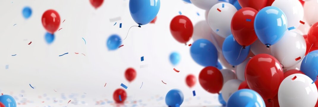 Celebration of icelandic national day with colorful balloons and confetti. Horizontal banner. Copy space. &THORN;j&oacute;&eth;h&aacute;t&iacute;&eth;ardagurinn. Red, blue wnd white balloons on a white background