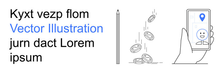Digital economy, online payments, navigation, business tools, creativity, financial insights. Coins falling, pencil upright smartphone with location pin and happy face. Digital economy and online © robu_s