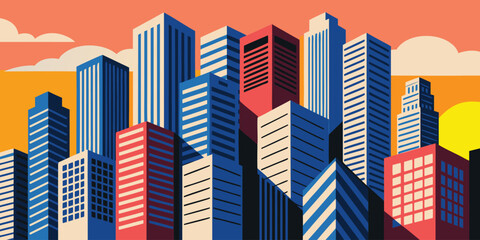 Obraz premium Modern generic global city skyline at sunset, flat vector illustrationModern generic global city skyline at sunset, flat vector illustration