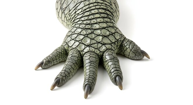 Close-up of a scaly alligator paw with sharp claws, reptilian texture detail, isolated on white background, wild animal anatomy