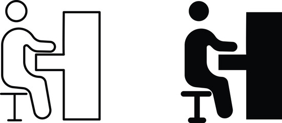 Minimalist piano player icon set, musician playing upright piano vector, black and white silhouette of person sitting at musical instrument © Najma