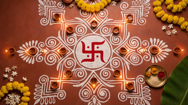 Festive rangoli with a central red swastika symbol, intricate white patterns, and numerous glowing diyas, bordered by marigold flower garlands and green leaves on a terracotta surface