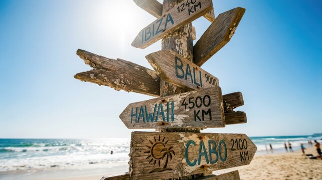 Rustic wooden signpost on sunny beach pointing to global destinations like hawaii bali cabo and ibiza for travel background and vacation banner design