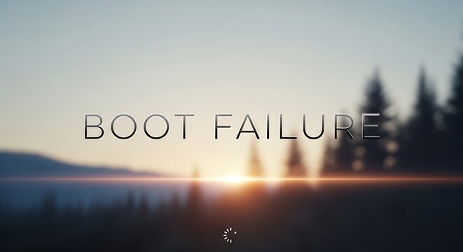 Boot failure text over blurred landscape at sunrise with computer initiation typography background.