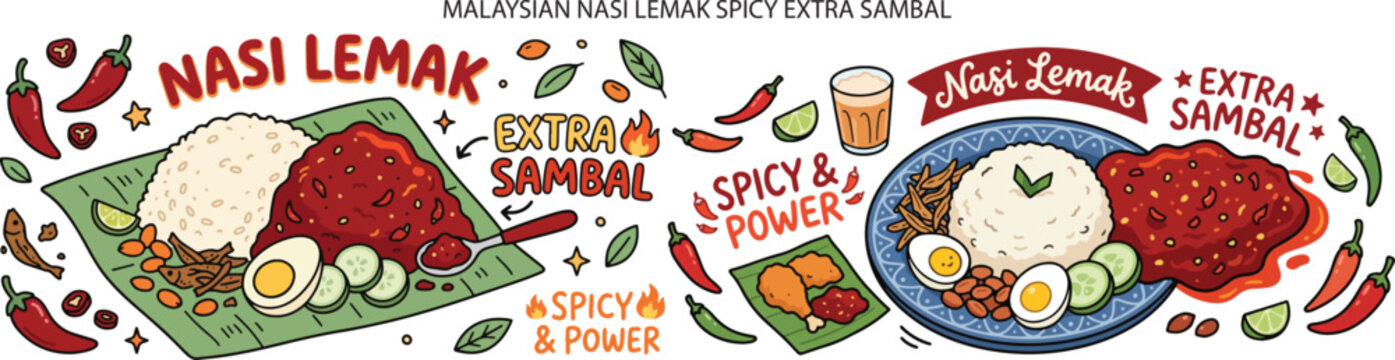 Malaysian Coconut Rice Spicy , Nasi Lemak Extra Sambal, Illustration Doodle Cartoon Collection