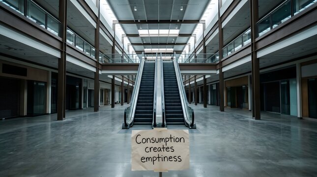 Empty mall with escalator and "Consumption creates emptiness" note showing handwritten affirmation aesthetic photography for critiquing materialism and seeking inner fullness