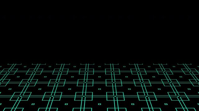 Dynamic perspective grid moving in infinite 3D. Glowing cyber blue wireframe landscape for tech-focused VJ loops and sci-fi visuals.