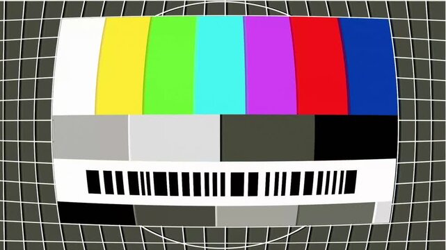 Retro television screen displaying vintage calibration test pattern graphic with colorful bars and grid