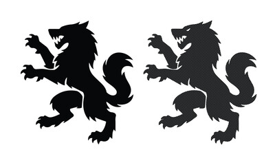 Heraldic wolf rampant silhouettes, medieval beast crest set, black wolf icons for coat of arms design, aggressive canine predator vector graphics © Asma