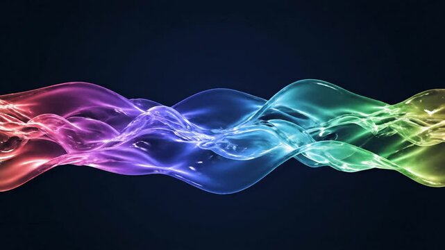 Abstract horizontal flow of vibrant multicolored translucent waves with a glossy liquid texture transitioning from red and purple to blue and green against a dark background.
