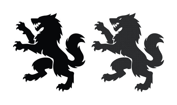 Heraldic wolf rampant silhouettes, medieval beast crest set, black wolf icons for coat of arms design, aggressive canine predator vector graphics