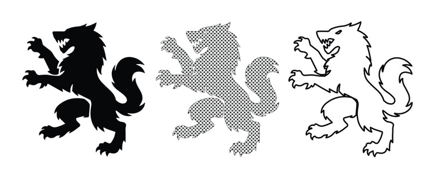 Heraldic wolf rampant silhouettes, medieval beast coat of arms set, black and grey predatory wolf icons for crest design and branding