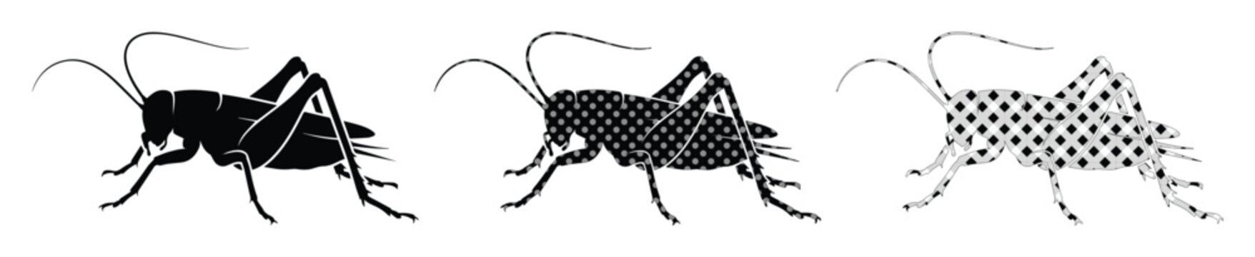 Black cricket silhouette vector set, grasshopper insect icons in solid and halftone styles, cricket bug graphics for nature and pest control design